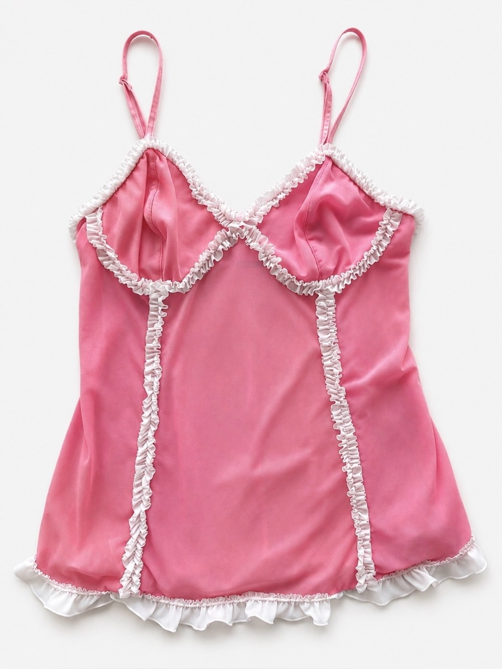 La Vie en Rose Pink Sheer Mesh Ruffle Trim Babydoll Camisole Top Medium - Picture 3 of 5